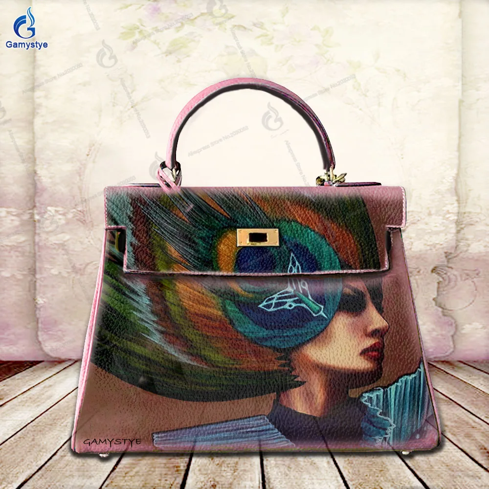 

Women'S Fashion Bags Luxury Designer Brands Messenger Bag Peacock-shaped female avatar 100% Real Cowhide LeatherHand Draw Custom