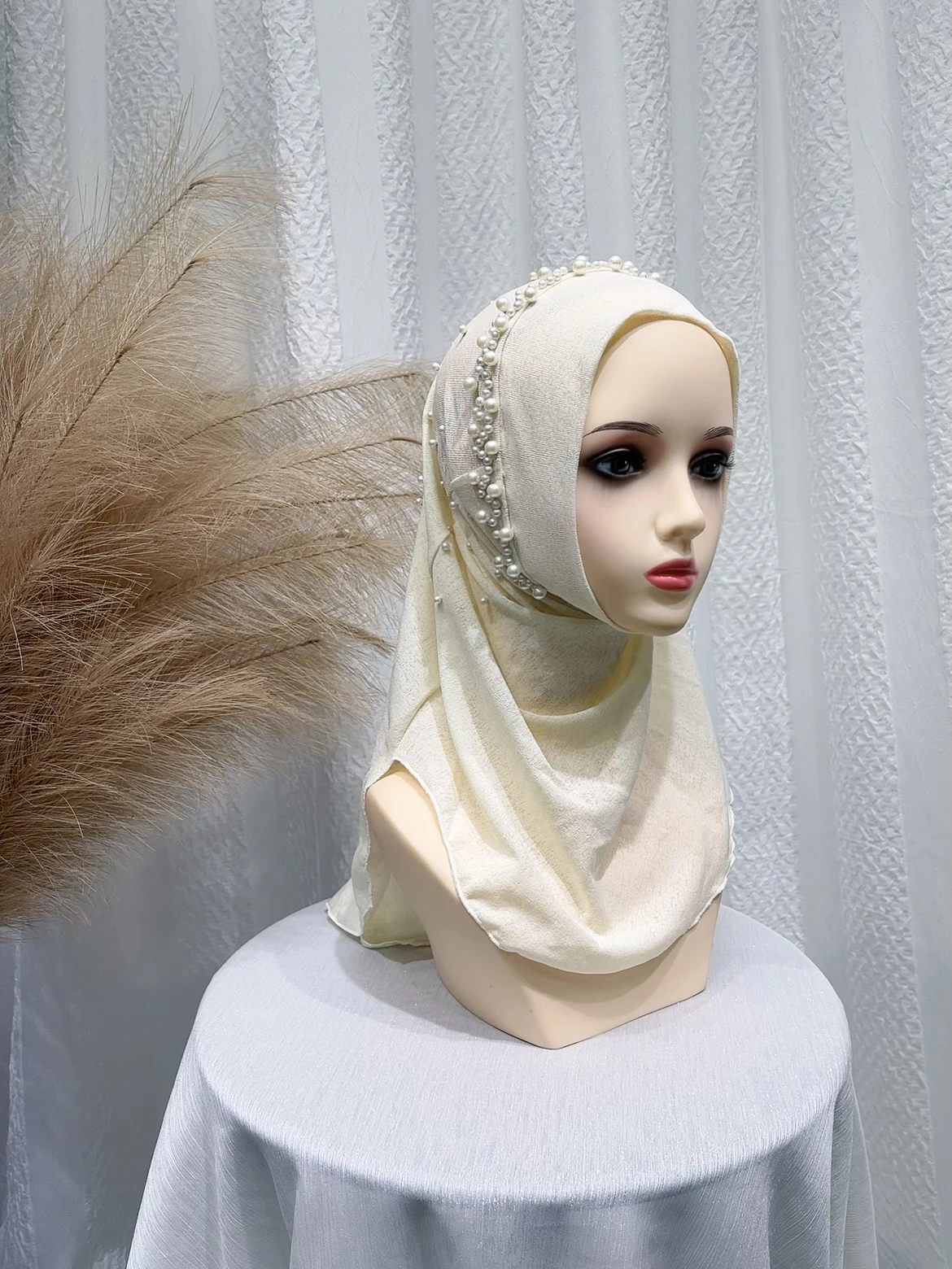 2024 Summer New Middle Eastern Polyester Beaded Headband Shawl Elastic Solid Color National Headband Hat