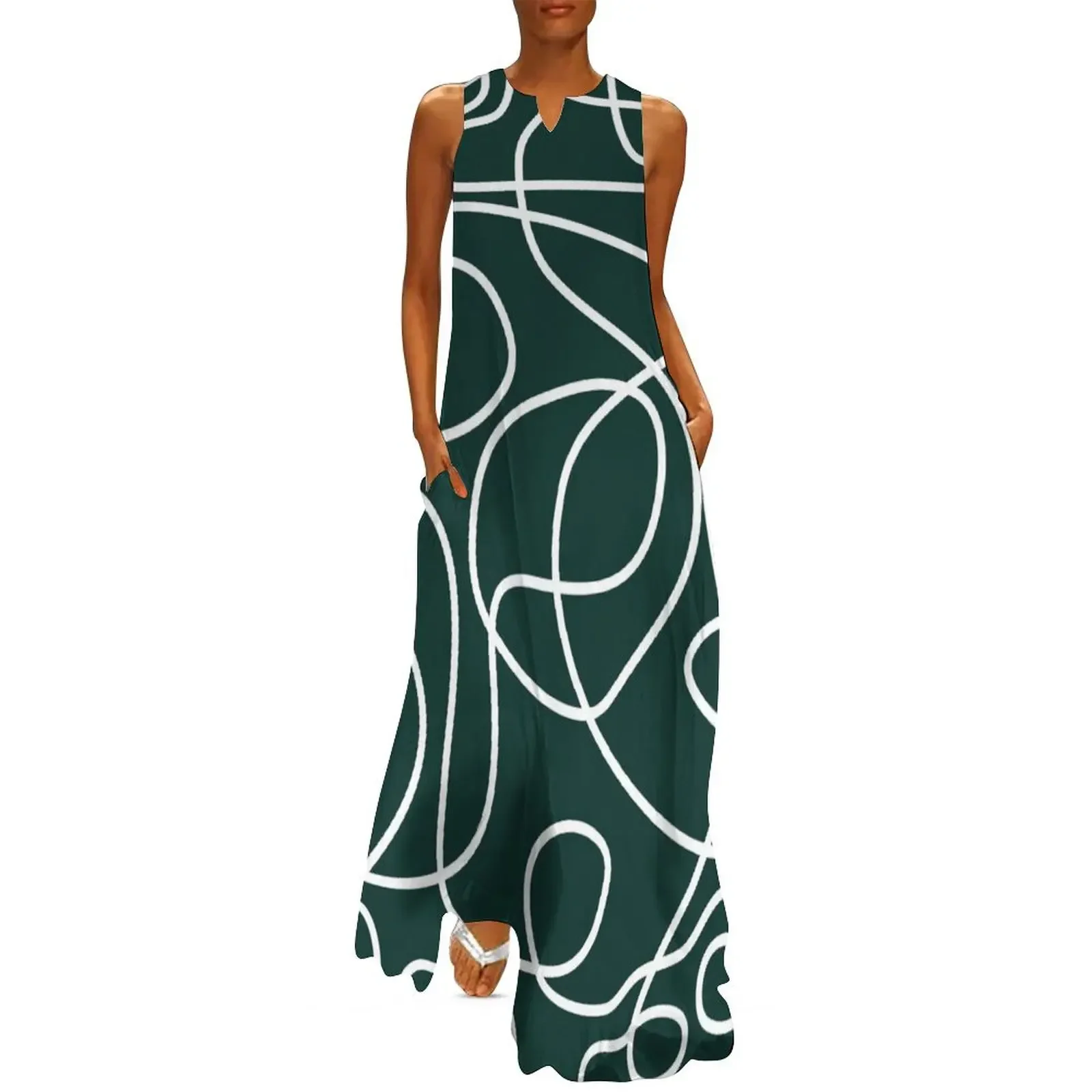 

Doodle Line Art Pattern White on Dark Emerald Green Long Dress evening dresses luxury 2025 Dress