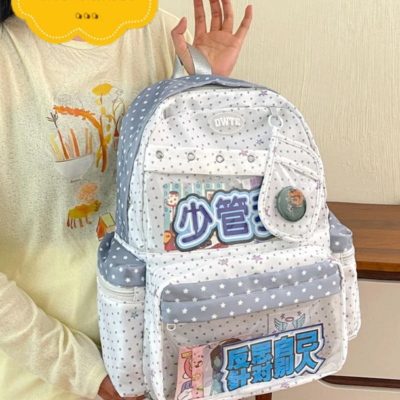 Japanese Style Kawaii Ita Backpack Star Print Transparent Pocket Student School Bag Cute Girls Casual Travel Backpack