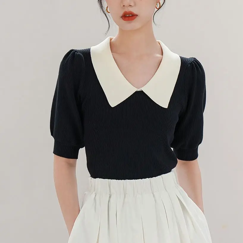 Vintage Women's Knitted Top Summer Slimming Stylish Base Layer Polo Neck Pullover Fashion Contrast Color Outwear Clothing Z441