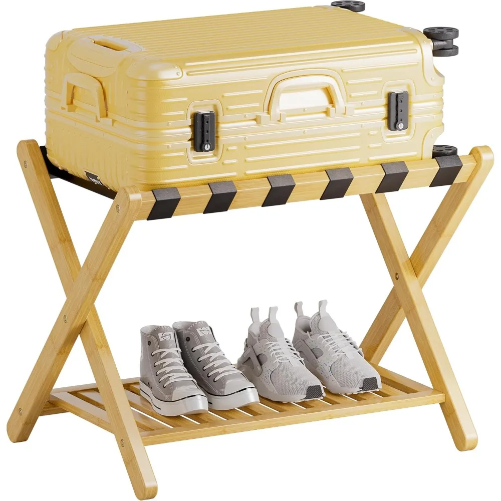

Luggage Rack, Foldable Bamboo Suitcase Stand with Storage Shelf for Guest Room, Bedroom, Hotel, Heavy-Duty, 1 Pack (Natural)