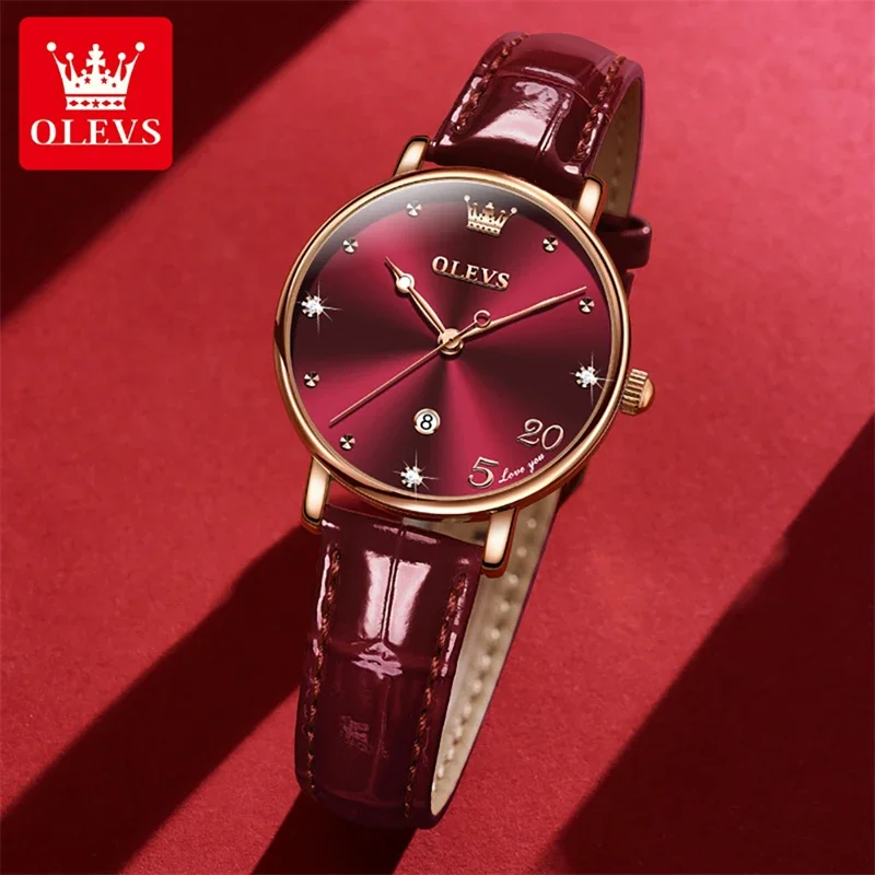 Olevs 5505 new fashion wine red ultra thin quartz watch WOMEN\'S leather waterproof calendar luxury women watches Reloj Mujer