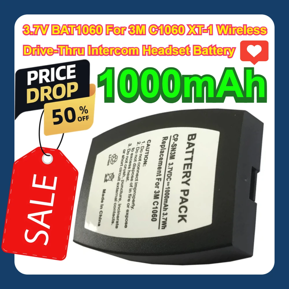 

3.7V BAT1060 For 3M C1060 XT-1 Wireless Drive-Thru Intercom Headset 1000mAh Battery