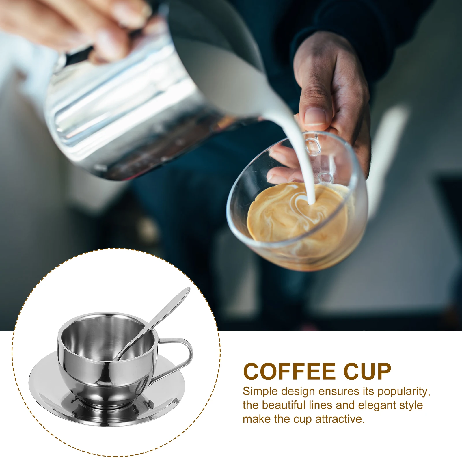 

Stainless Cup 180ML Double Layer Tea Milk Mug Set European Style Bright Gift Saucer Spoon Practical Long Term Use