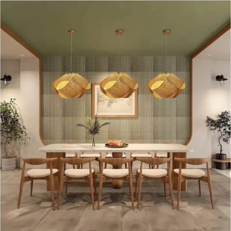 

Decorative Woven Rattan Natural Bamboo Shade Hanging Light Vintage Handmade Craft Ceiling Pendant Lamp for Hotel Apartment House