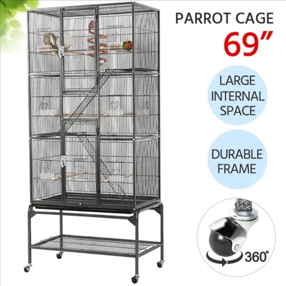 

69" H Rolling Extra Large Metal Bird Cage with Detachable Stand for Parrots, Black