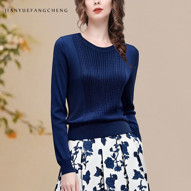 

Женские ультратонкие вязаные пуловеры, свитер с длинными рукавами и круглым вырезом, повседневные топы, новинка осени 2025 года, эластичный свитер свободного кроя