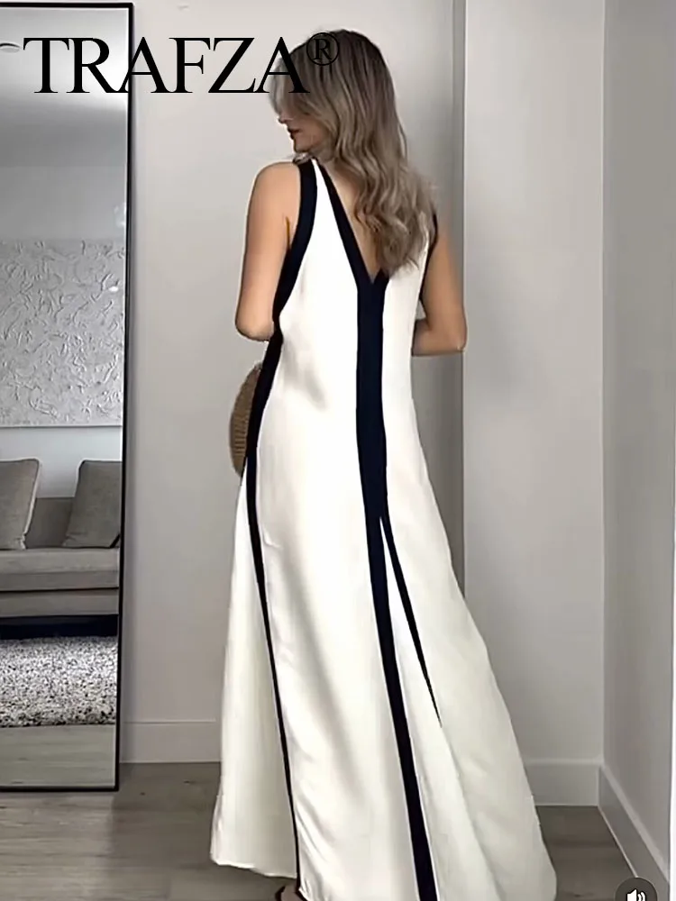 TRAFZA Elegant Women Wide Strip Patchwork Long Dress Woman Fashion Sexy Deep V-Neck Sleeveless Loose Casual Party Dress TRAF