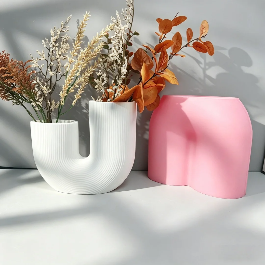 

U-Shaped Ribbed Vase Gypsum Silicone Mold Easy Demold For DIY Concrete Double Tube Vase Succulent Pot Home Decor
