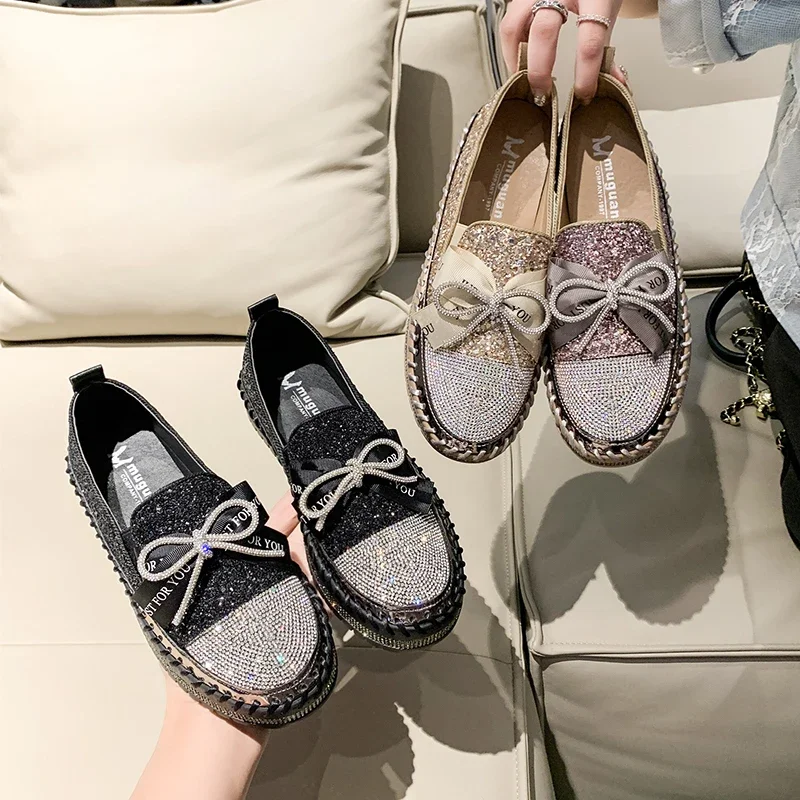 New Women Shining Rhinestone Loafers Bowknot Slip-on Thick Botton Casual Ladies Crystal Shoes Female Platform Sneakers Sports