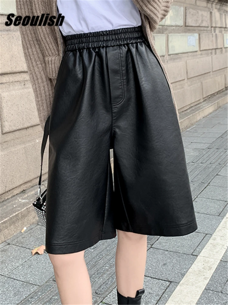 

Seoulish Autumn Winter PU Leather Women's Shorts 2023 New Half Pants High Waist Wide Leg Loose Casual PU Leather Trousers Shorts