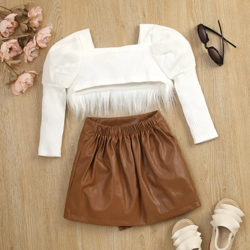 Summer Kids Suits Girls White Long Sleeve Pullover Irregular Coat+ PU leather Brown Skirts 2pcs Girl Kid Clothing Sets