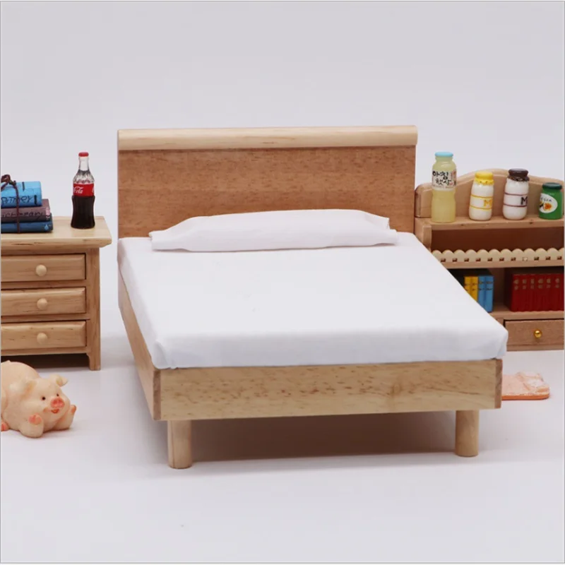 1/12 Dollhouse Miniature Double Bed Modern Style Wooden Doll House Furniture For Dolls Girls Toys