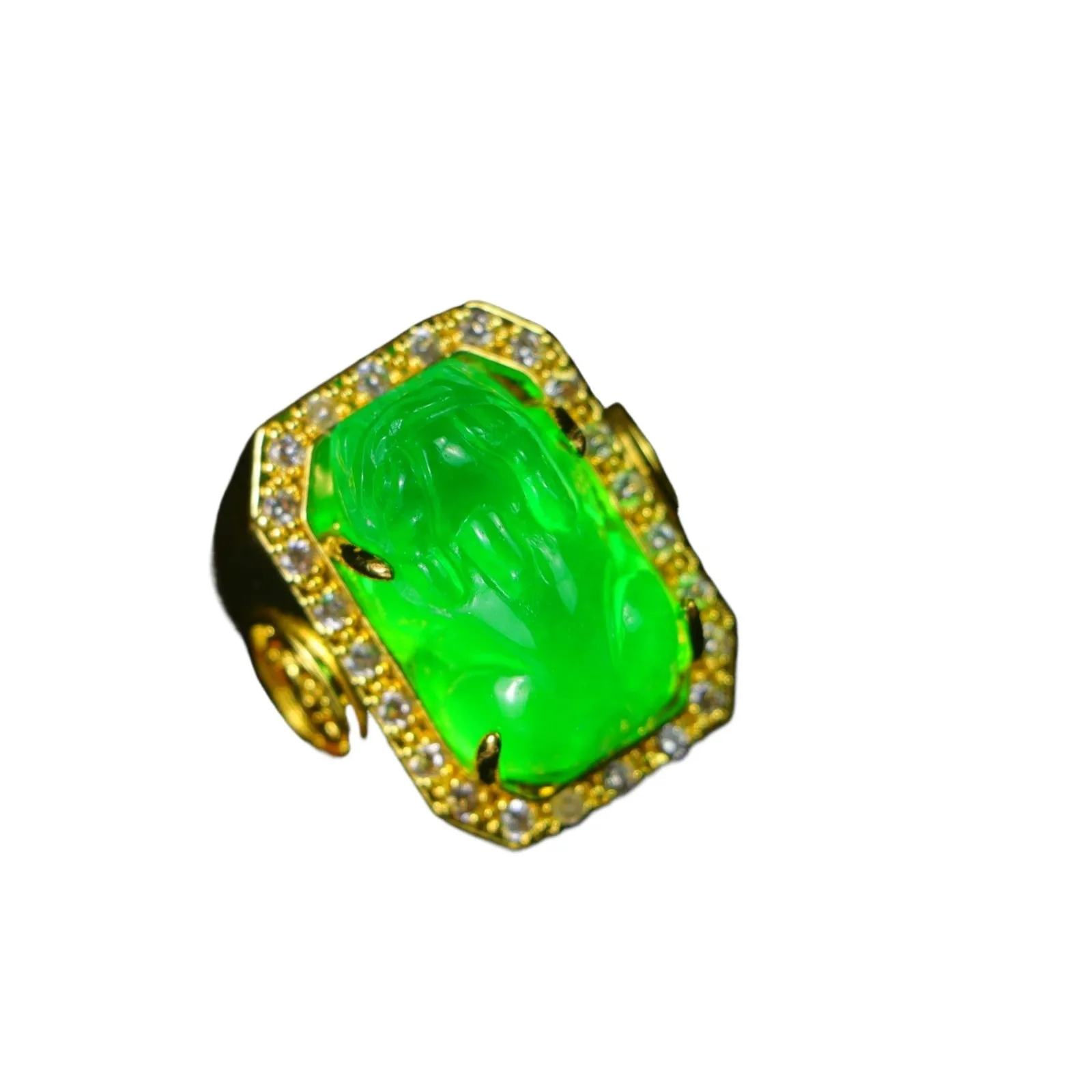 Natural Icy Green Jadeite Men Pixiu Ring Wealth Amulet Vintage