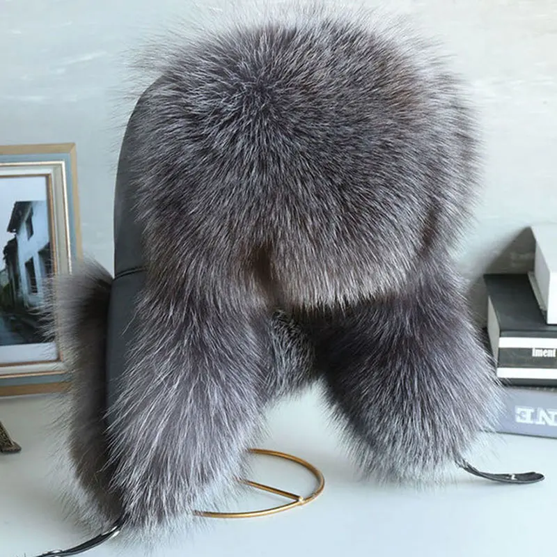 Fur Hat Women Black Fox Fur Ushanka Hats Winter Warm Ears Bomber Cap Thick Hat Windproof Ear Flaps Middle Aged Cold Weather image 5