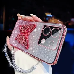 Fashion Butterfly Phone Holder Crystal Bracelet Glitter Plating Case for Xiaomi POCO X6 Pro 5G Bracket Stand Soft Back Cover