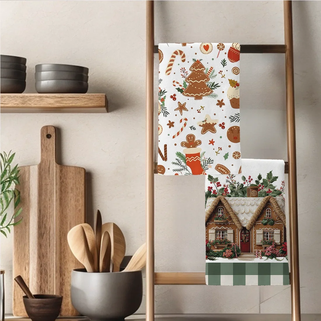 2PCS Kitchen Towels Christmas Gingerbread House Christmas Atmosphere Gingerbread Man Kitchen Towels Dish Towel Dish 40x60cm