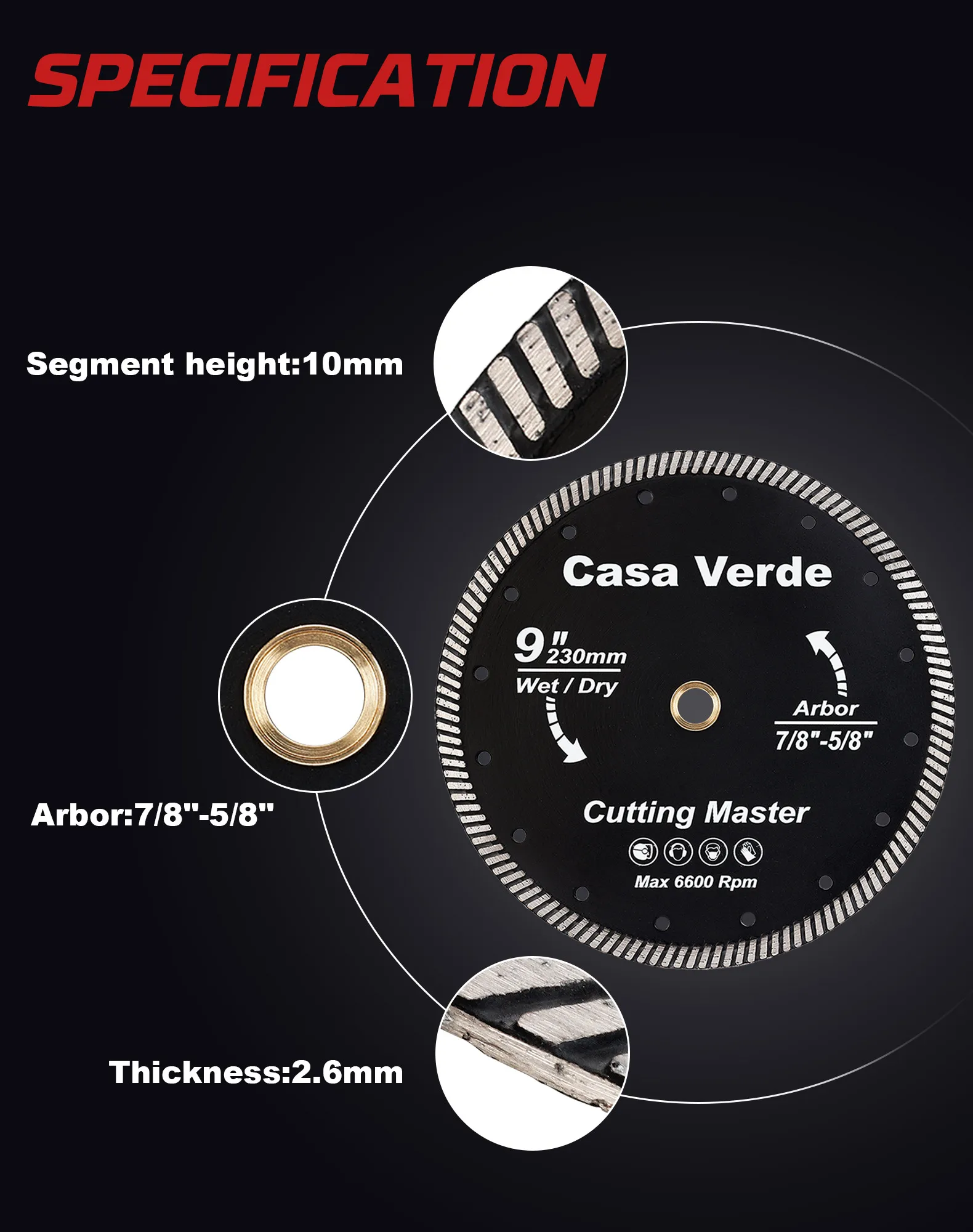 Casaverde 125/180/230 мм Алмазный турборежущий диск для гранита, режущий диск для гранита, мрамора, бетона, керамики, сухой резки