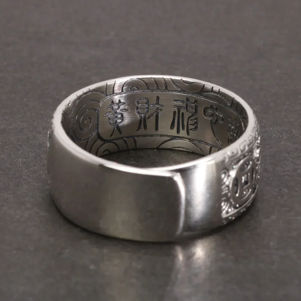 S925 Sterling Silver Ring Vintage Wide Ring for Men Tibetan Six Words Mantra Adjustable Ring Buddhist Jewelry