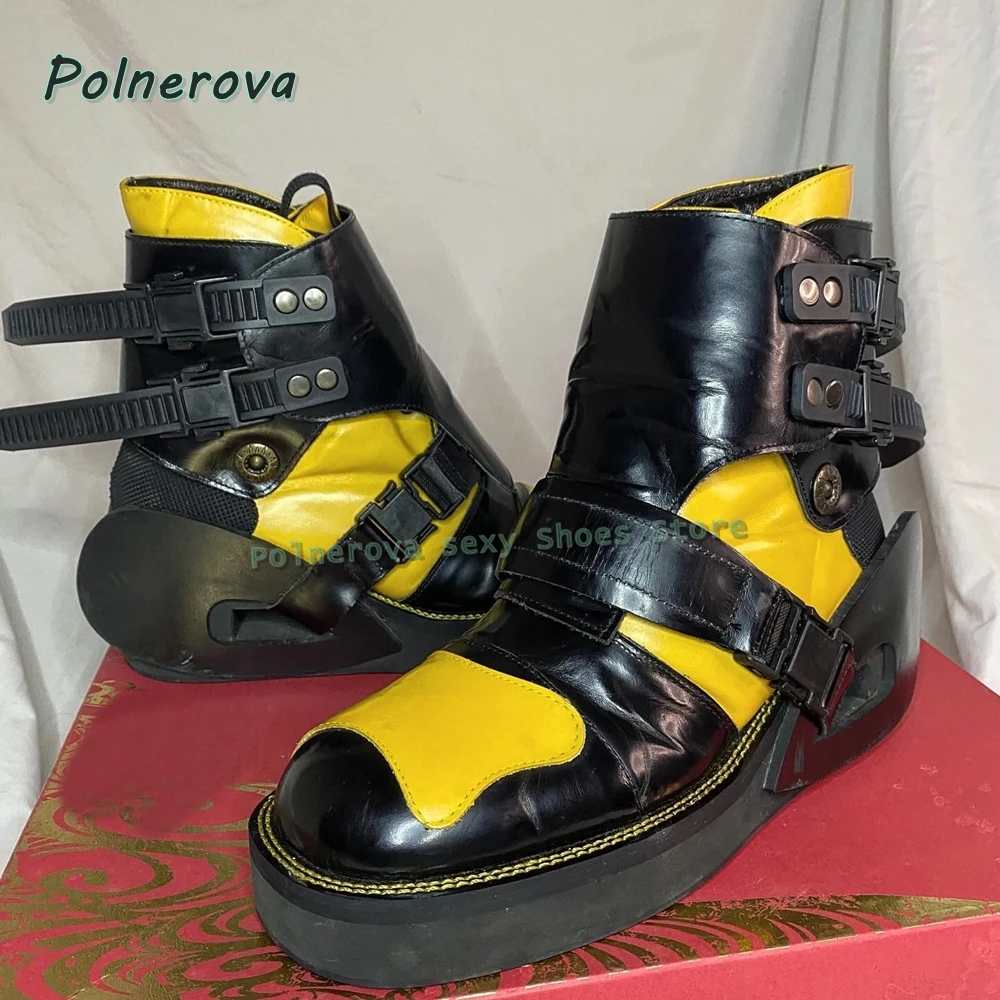 Black Yellow Color Block Platform Ankle Boots Women's Gothic Buckle Strap Wedge Heel Combat Boots for Punk Streetwear 2026 Trend