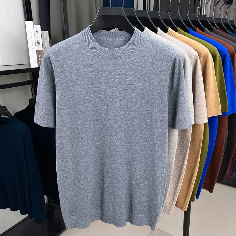 2025 Spring and Autumn Thin Fashion Men's Short Sleeve Woolen Sweater Solid Color Sweater Half Sleeve Knitted Sweater