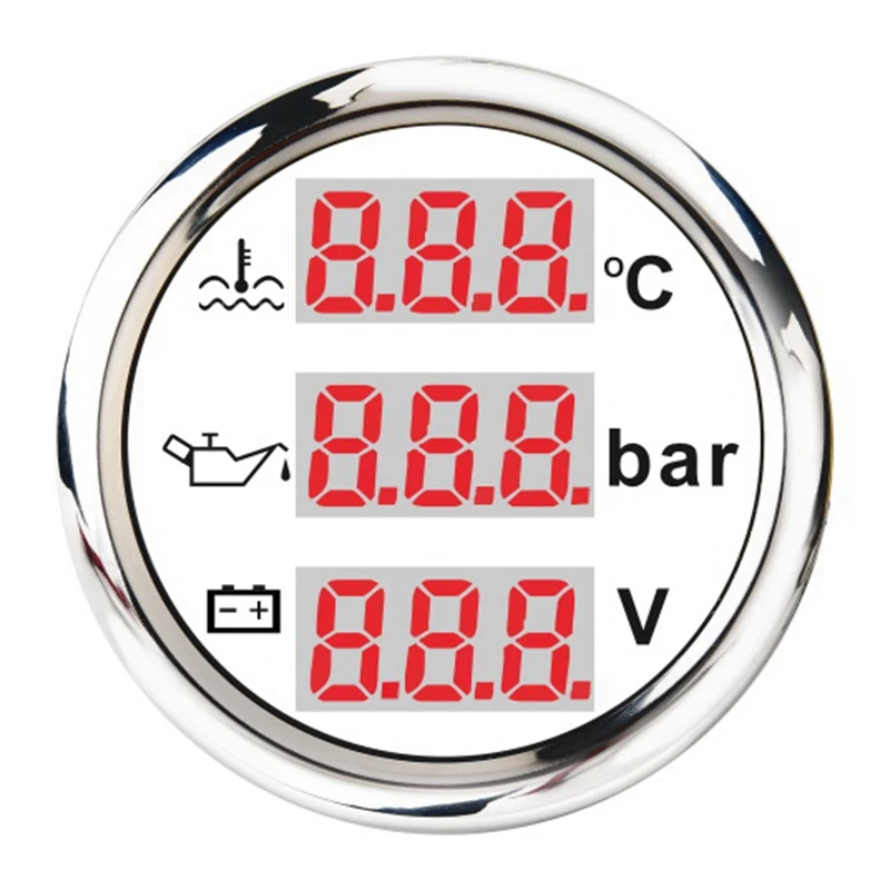 Universal 52mm 3 in 1 Multi-Function Digital Gauge Waterproof Water Temp Oil Pressure Gauge Voltmeter with Alarm White