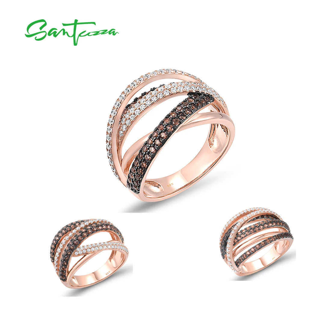 

SANTUZZA Silver Rings For Women Pure 925 Sterling Silver Sparkling Nano Brown Spinel White CZ Ring Wedding Party Fine Jewelry