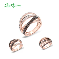 SANTUZZA Silver Rings For Women Pure 925 Sterling Silver Sparkling Nano Brown Spinel White CZ Ring Wedding Party Fine Jewelry