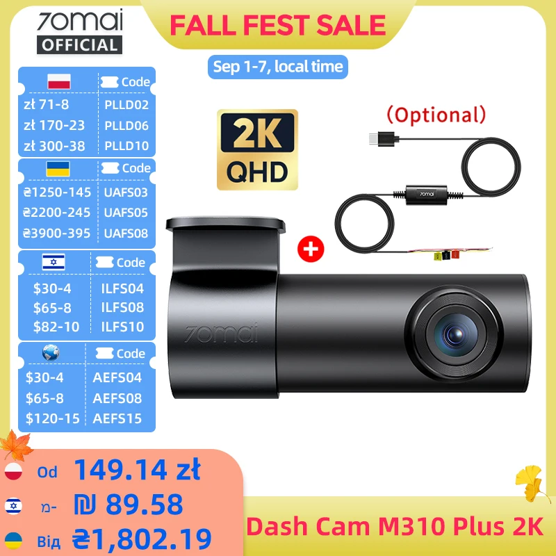 70mai Dash Cam M310 Plus 2K 1440P Super Night Vision F1.55 Abertura 70mai M310 2K Carro DVR 24H Guard de Estacionamento WIFI e Controle de Voz