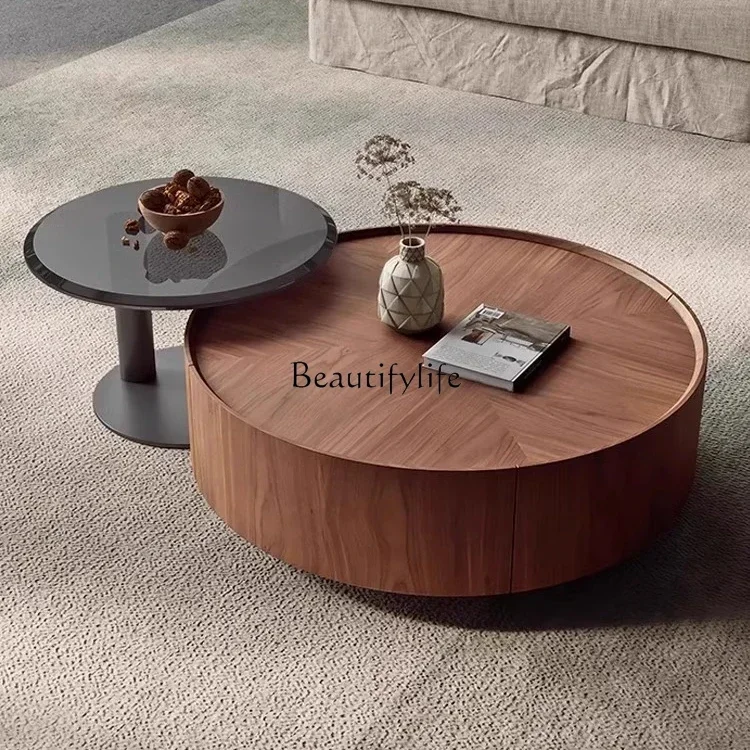 

06Retro style round coffee table solid wood living room home high sense