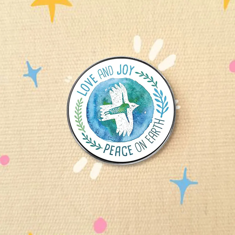 Love And Joy Peace On Earth Dove UV Printing Pin Inspirational Nature Brooch Lapel Badge Jewelry Gift For Friends