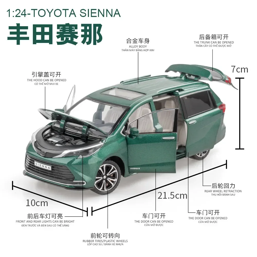 1:24 Toyota Sienna MPV modelo de coche de juguete fundido a presión miniatura tirar hacia atrás puertas con sonido y luz colección que se puede abrir regalo para niños