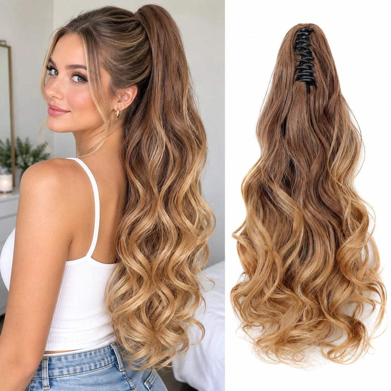 22 Inch Long Wavy Ponytail Extension Ombre Brown Honey Blonde Clip In Hairpiece Voluminous Curly Fake Hair for Women Daily Party