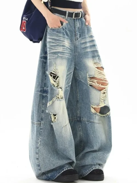 Calças Jeans Retrô Americanas Estilo Street com Efeito Desbotado para Homens e Mulheres, Novidade de Verão, Perna Larga, Calç...