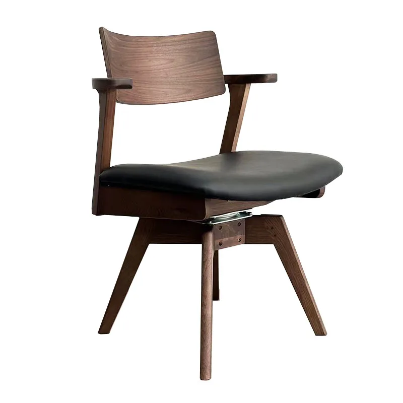 

Japanese solid wood swivel chair dining chair pure solid wood leather soft bag walnut armrest book desk chair