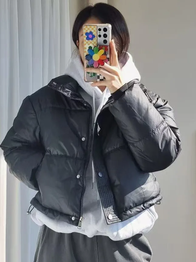 Winter Thiened ort PU Leather Bread Coat Women's Warm Cotton Jaet Stand Collar Outerwear Sli Retro Design Commute