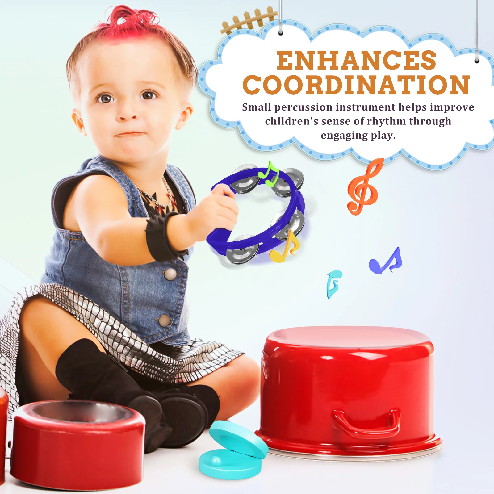 7Pcs Kids Handheld Tambourine Half Moon Colorful Percussion Instruments Set for Coordination Development Children's Musical