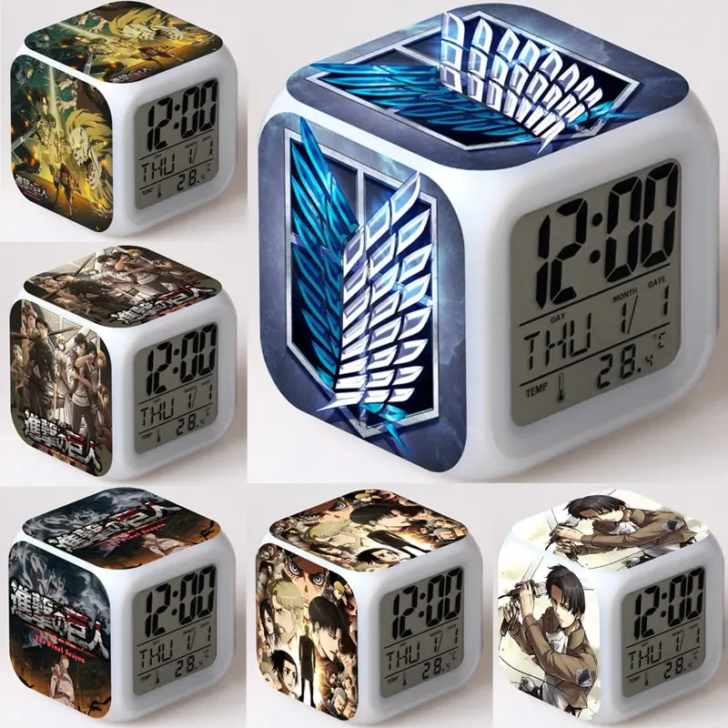 

Anime Attack on Titan Alarm Clock LED Digital Clock 7 Color Changing Light Night Glowing Desk Clock Date Temperature LED Clock