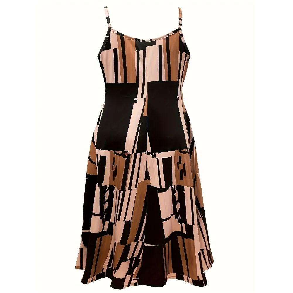 Plus size 1xl-5xl moda feminina l outono colorblock impressão geométrica vestido longo senhoras cami casual tripulação pescoço sem mangas vestido
