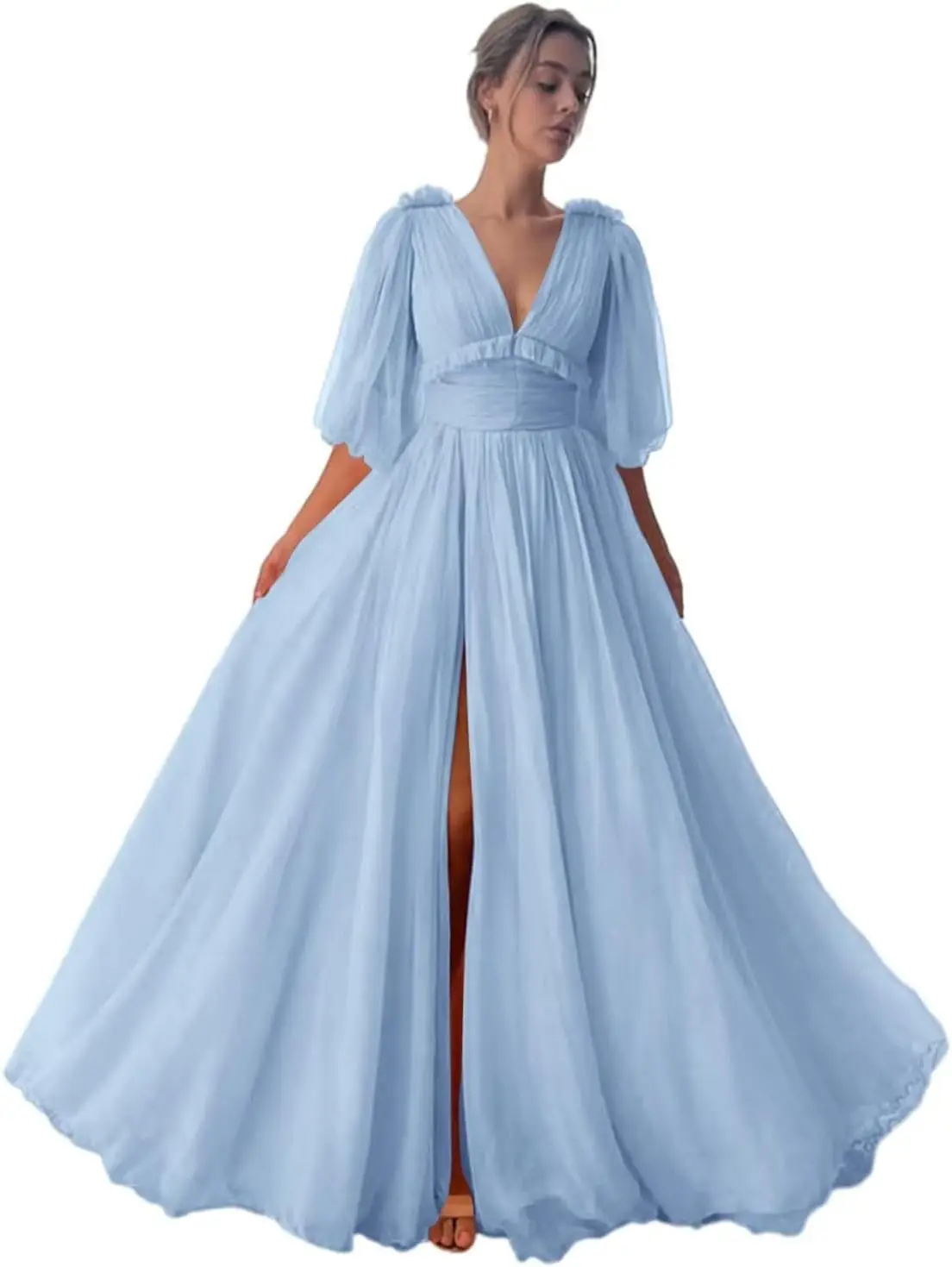 

Puffy Sleeve Tulle Prom Dresses 2026 Long Slit Ball Gowns Formal Dresses for Women Evening Party Gown Formal Dress Women Elegant