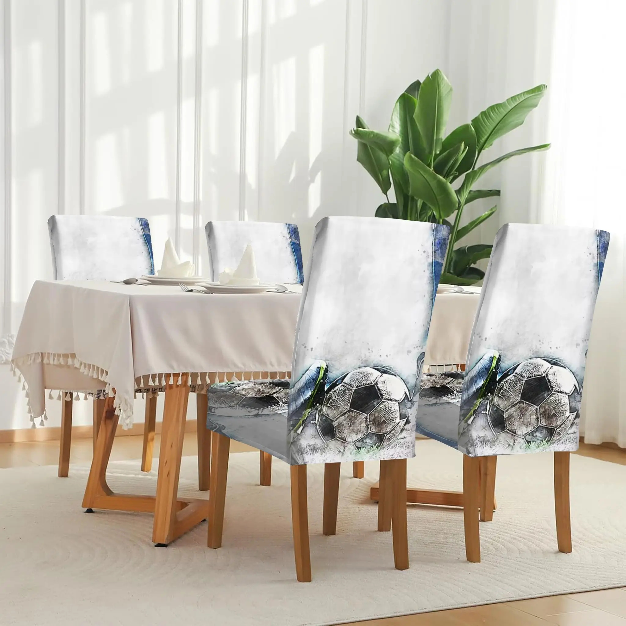 

Elastic dining chair cover Art style football pattern grass painting Removable, washable, home dining chair cover