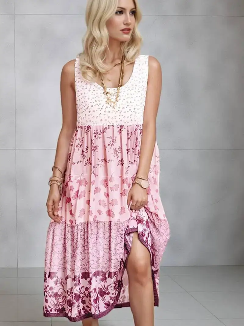 Plus Size Casual Damen Midikleid Sommer Neue Blumenmuster Ärmellos Flacher Ausschnitt A-Linie Böhmische Strandkleider