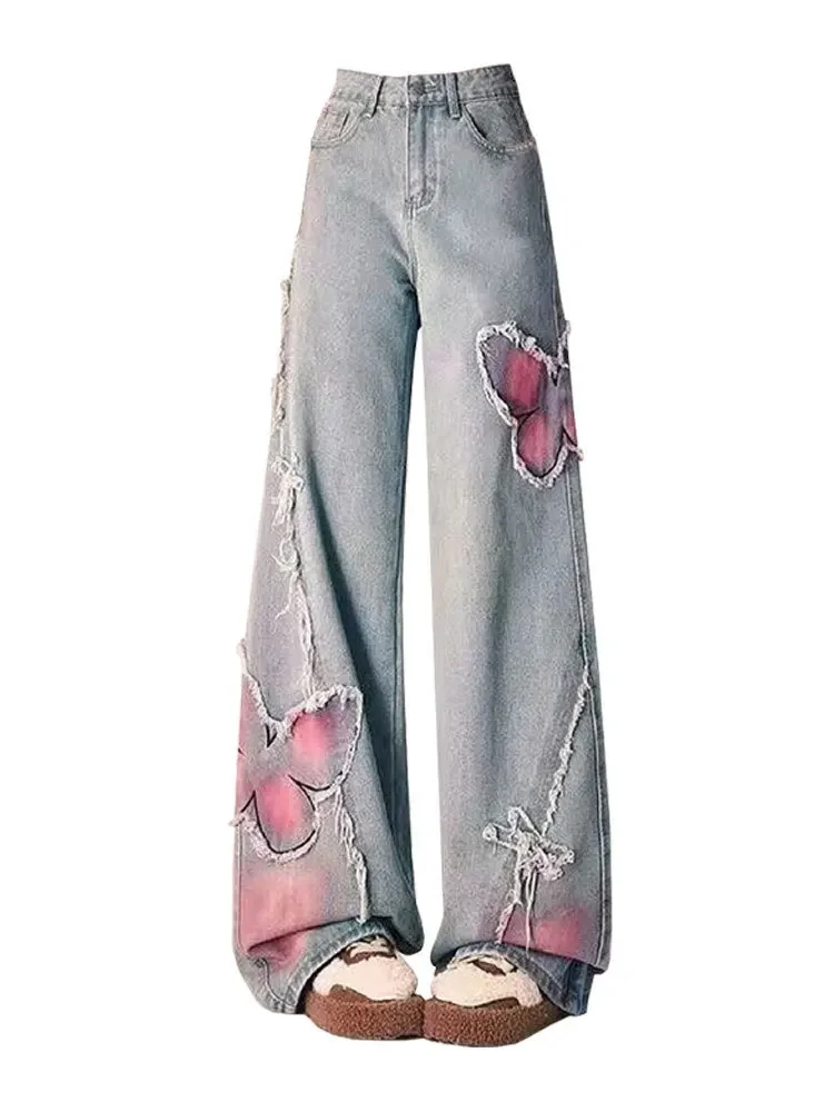Spliced Women Ripped Patchwork Jeans Wide Leg Jean Loose Fit Full Length Pants Denim Washed High Waist Distressed Basics