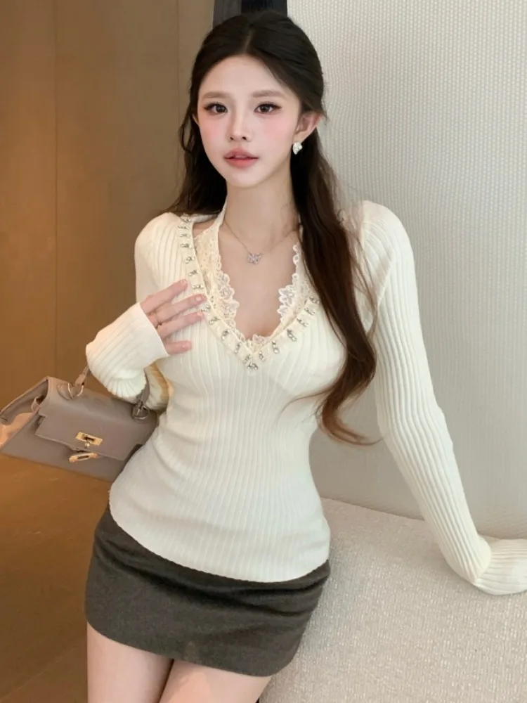 

Elegant Lace Splice Knitted Sweater Women's Long Sleeve Slim Fit Black Base Shirt Spring Autumn New Style French Style Knitwear