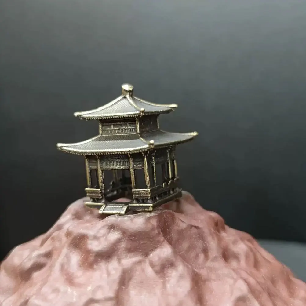 

Exquisite Brass Vintage Pavilion Ornamental Miniature Bonsai Display Chinese Style Desktop Decoration Garden Landscape Piece