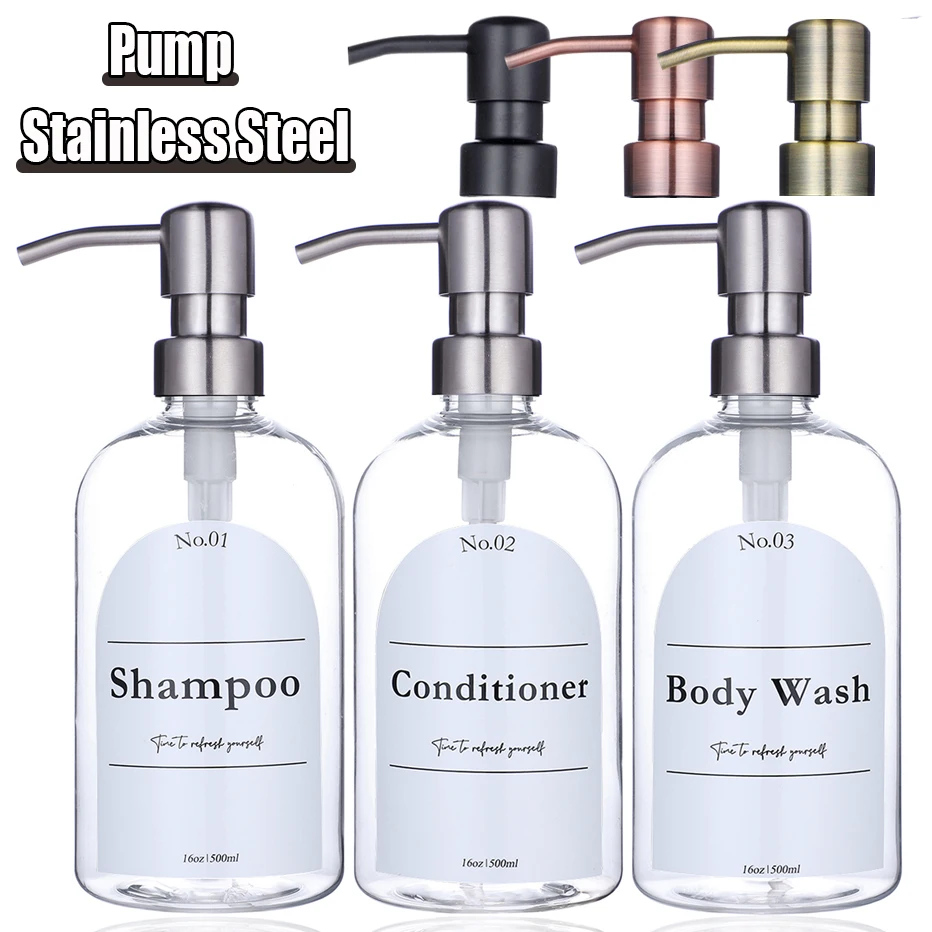 Clear Shampoo Conditioner Body Wash Dispenser Set with Heavy Duty Stainless Steel Pump Plastic Shower Soap Dispenser Bottles