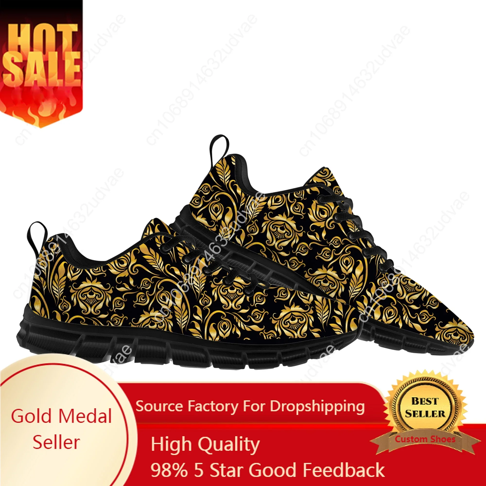 

Luxury Golden Floral Prints Sports Shoes Mens Womens Teenager Kids Children Baroque European Sneakers Casual Custom Couple Shoes