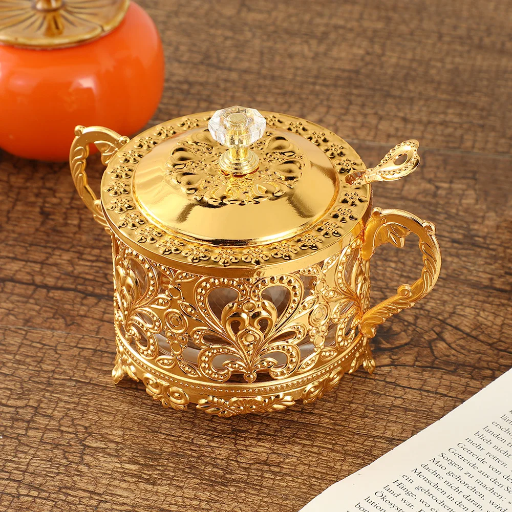 

Hollow out design sugar cup seasoning jar kitchen creative metal sugar jar palace seasoning storage jar with lid