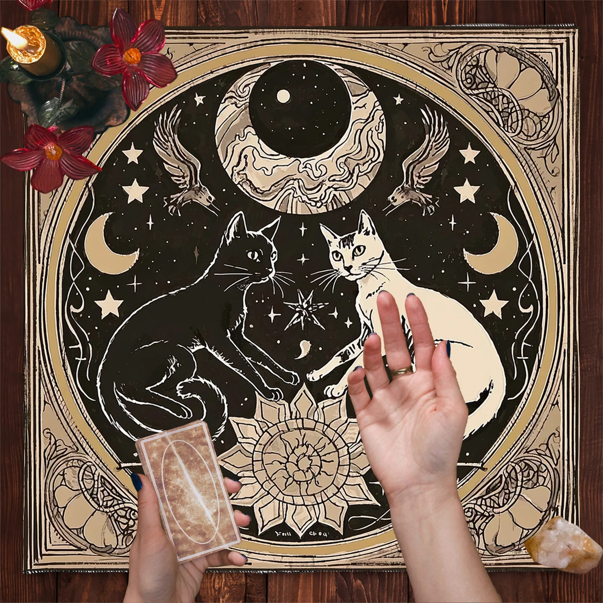 50/75cm Mystical Moon Cats Altar Cloth Floral Starry Sky Divination Tarot Tablecloth Mat Witch Home Decor Mat Game Card Pad